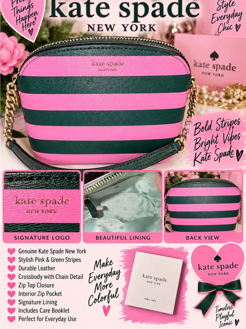 Kate Spade Pink Green Striped Leather Camera Crossbody Bag Gold Chain